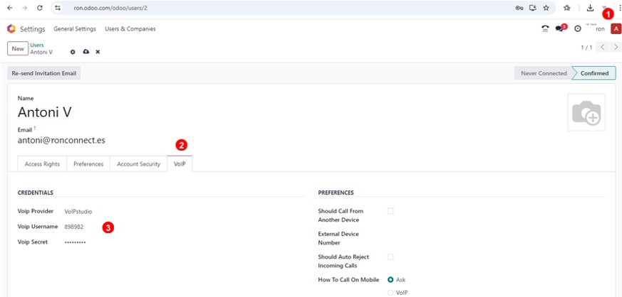 claves VoIPstudio en Odoo